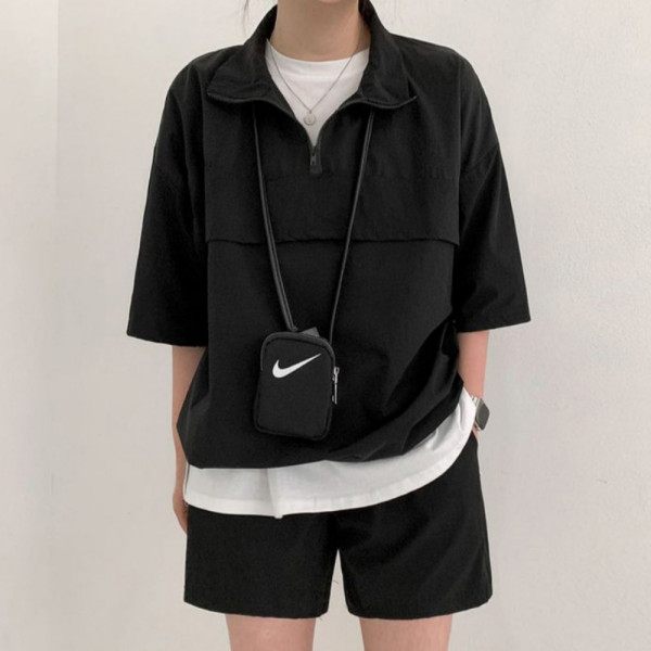 반지퍼 데일리 바스락 반팔 반바지 세트 블랙