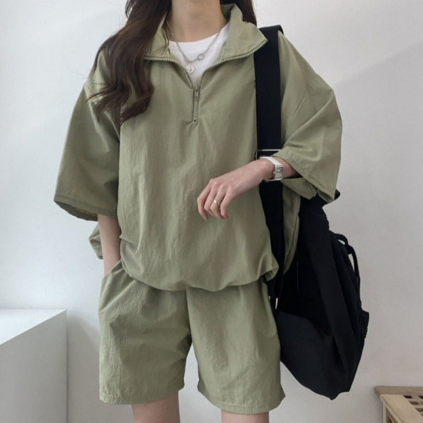 바스락 아노락 바람막이 반바지 세트 카키