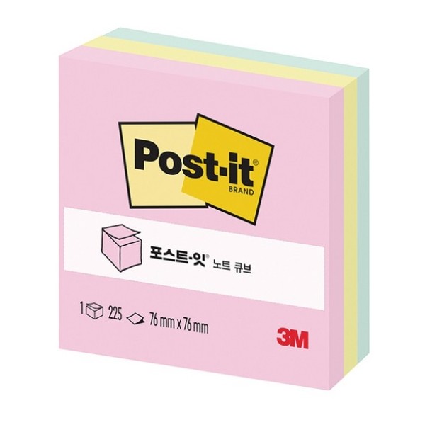 포스트잇 노트 654 큐브 파스텔 3색 76x76mm 225매