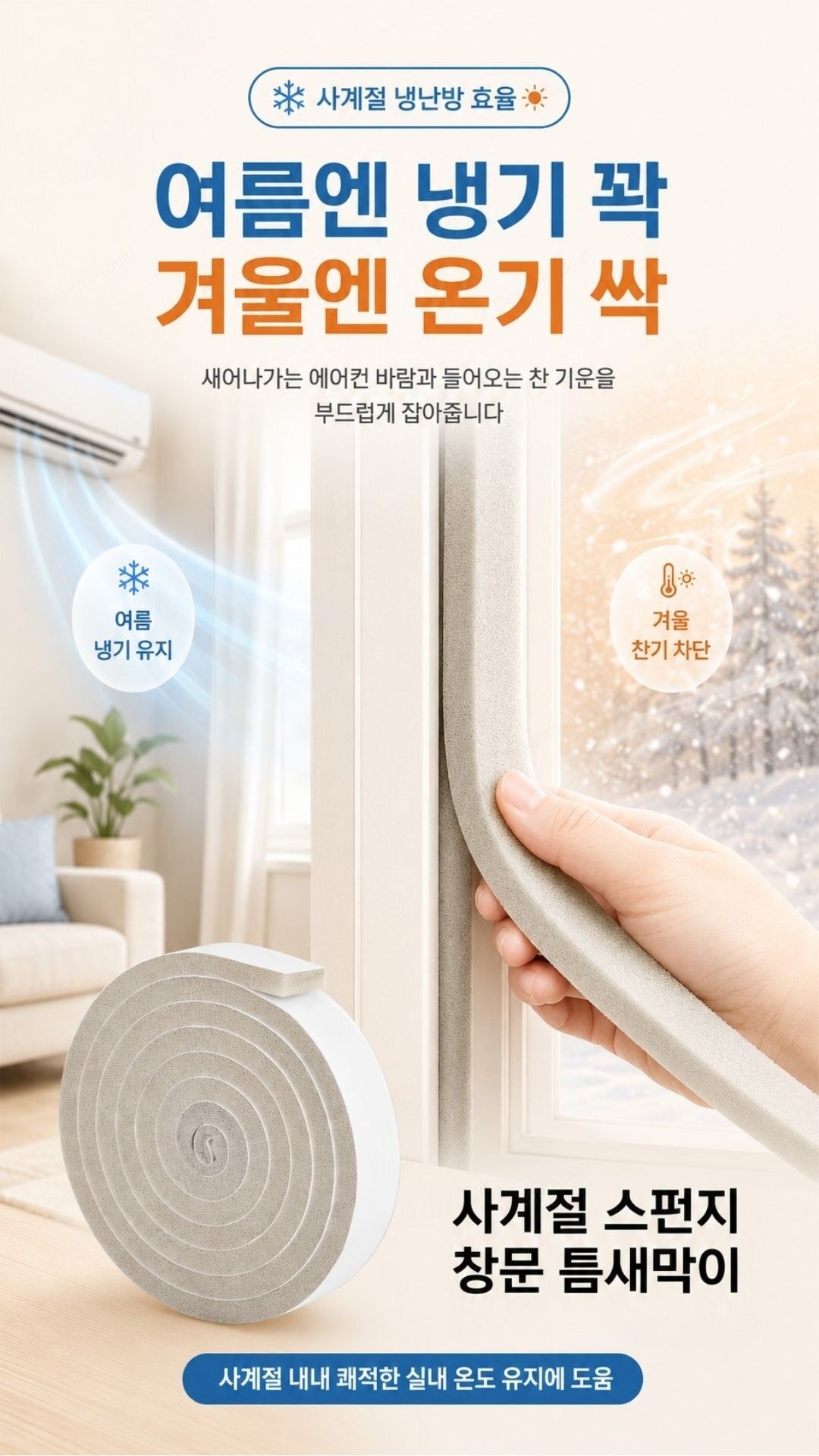 문풍지 접착식 스펀지 틈새막이 창문 우풍 방음 차단 1.5cm 4m 접착식_스펀지_문풍지_15mm_4M 1.5x200x1cm 제품 특징 안내 이미지