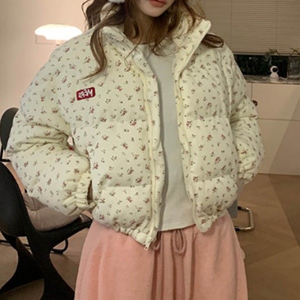 보온 아우터 하이넥 디자인 꽃무늬 패턴이 돋보이는 여성점퍼 LDN-20250014