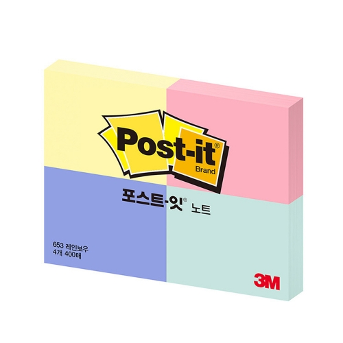 3M 포스트잇 일반 653 4 레인보우노랑 하늘 분홍 민트 점착식 메모지 51 3