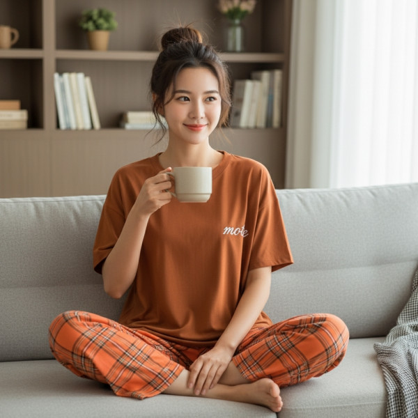 여성 여자 포인트 레터링 체크 패턴 반팔 티셔츠 긴바지 파자마 잠옷 홈웨어 세트