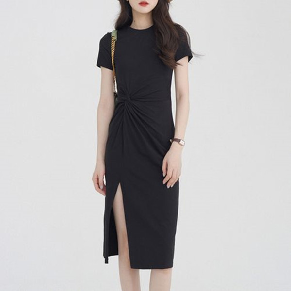 LS98300 톡톡 슬림 꼬임 트임 썸머 반팔 롱 원피스