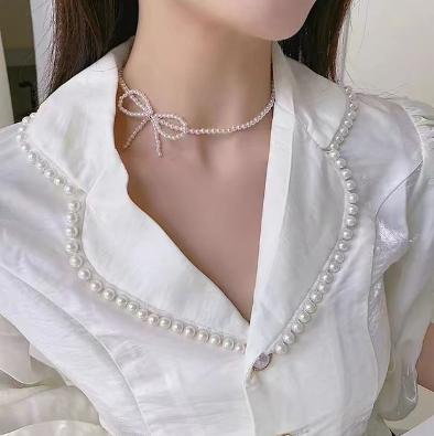 진주 리본 초커 목걸이 청담동스타일