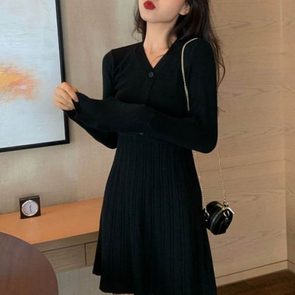 여성 미니 원피스 긴팔 니트 골지 슬림핏 타이트 하객룩 코디 V넥 블랙 아이보리