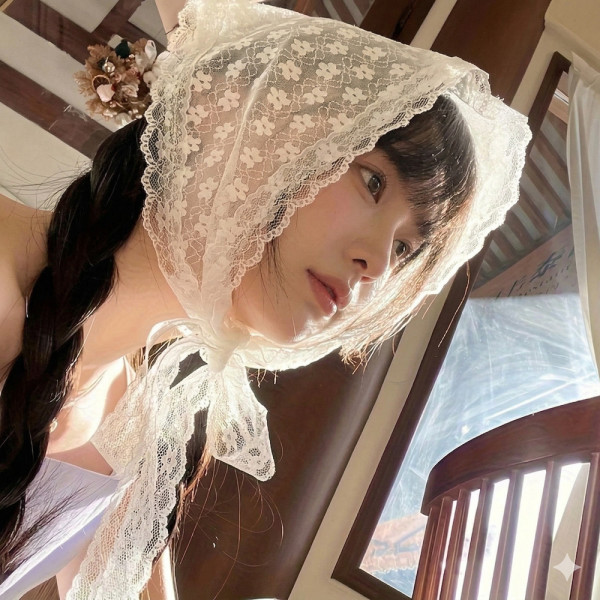 레이스 플라워 커치프 삼각 두건 망사 시스루 스카프 헤어 반다나 보넷 헤어커치프 웨딩촬영