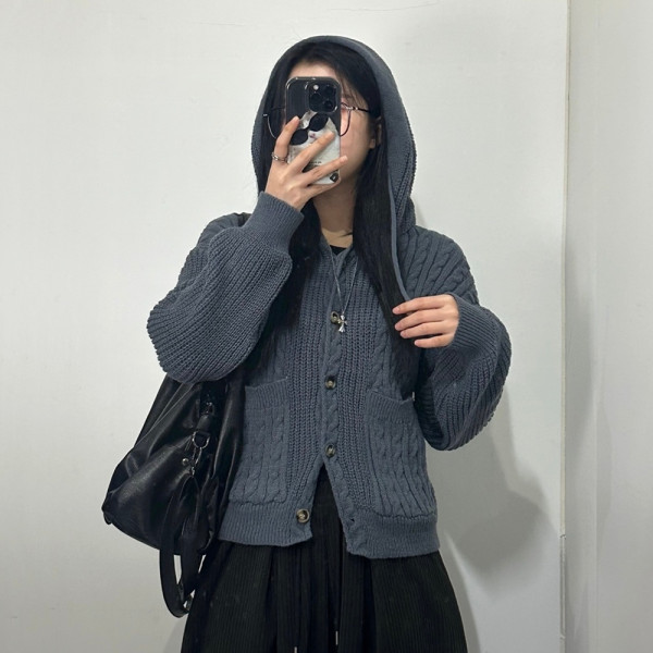 포근 꽈배기 후드 니트 집업 가디건 3color 루즈핏 단추 버튼 포켓 카디건 T138