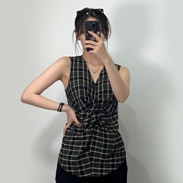 블랙 체크 패턴 언발 꼬임 민소매 나시 블라우스 썸머 여름 휴가 데일리 바캉스 T121