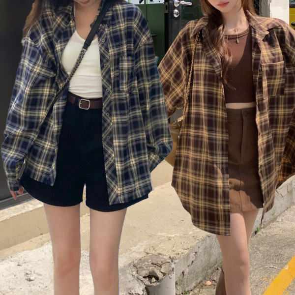 여성 오버핏 체크 셔츠 가을 긴팔 여자 남방
