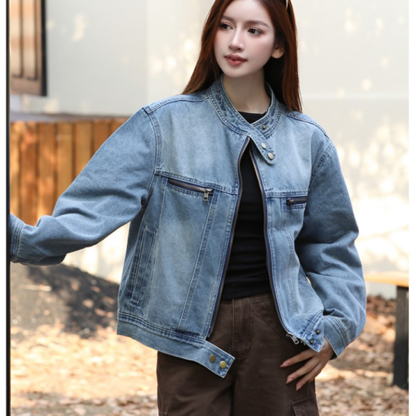 F204431 노카라 지퍼 장식 루즈핏 청 데님 재킷 데일리 아우터 집업