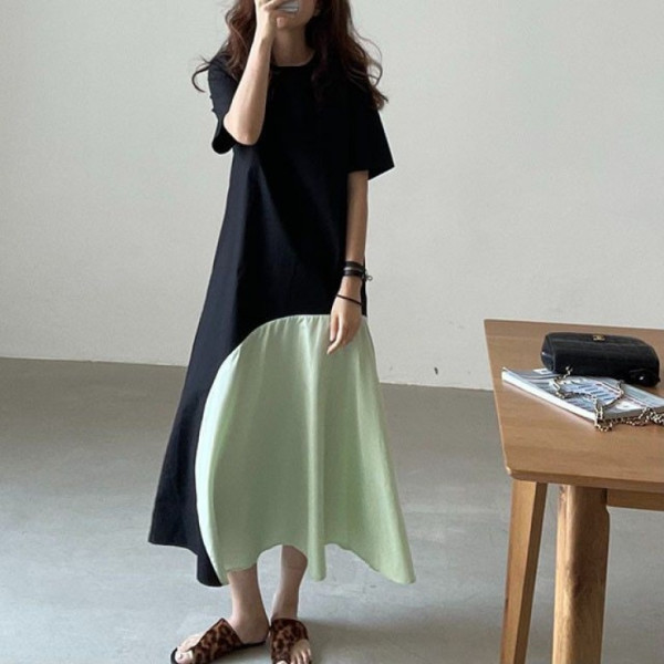 LS52700 2컬러 밑단 배색 루즈핏 반팔 롱 원피스 여름 데일리 휴가