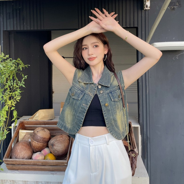 F263431 2컬러 빈티지 루즈핏 청 데님 조끼 데일리 코디탬