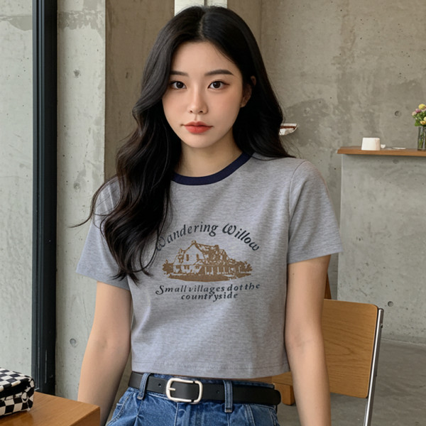 여성 여름 티셔츠 프린팅 세미 크롭 반팔 티 그레이