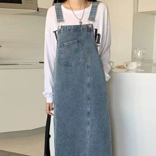 청 멜빵 원피스 여자 데님 롱스커트 캐주얼 빈티지 데일리 꾸안꾸 스트릿 유니크 여름