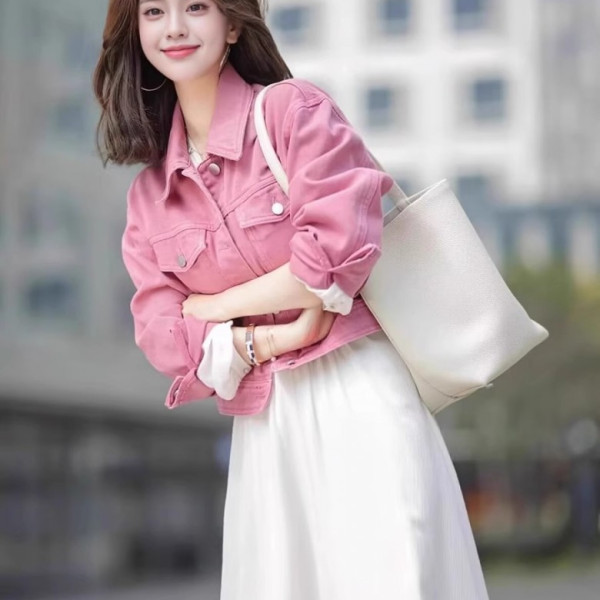LF24700 여리 산뜻 화사한 핑크 봄 가을 간절기 루즈핏 청 데님 재킷 자켓 아우터