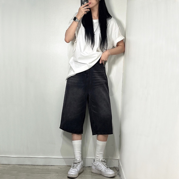 여성 7부 데님 청 버뮤다 팬츠 반바지 2color Y2K 힙한 와이드 벌룬 바지 하의