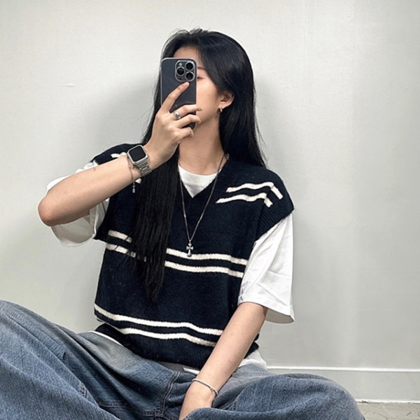 불규칙 단가라 브이넥 니트 베스트 반팔 조끼 남녀공용 스트라이프 V넥 루즈핏