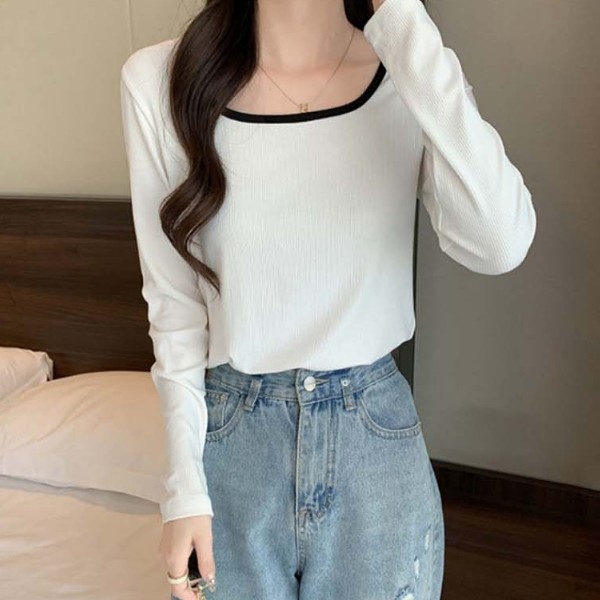 엣지 포인트 롱슬리브 배색 디테일 U넥 긴팔티셔츠LDN-20250086