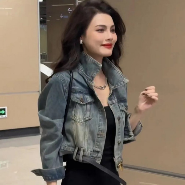 F942270 벨트 빈티지 워싱 짧은 청 데님 재킷 아우터