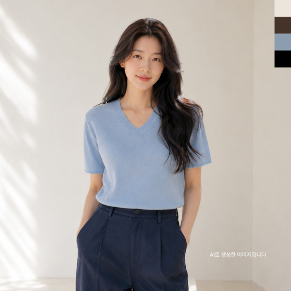 CPP 5010 여자 베이직 데일리 브이넥 여름 반팔 니트