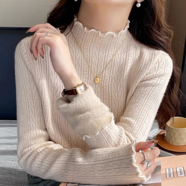 여성 겨울 기모 반폴라 티 이너 반목 니트 베이지