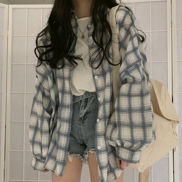 루즈핏 블루 체크 사계절 데일리 베이직 셔츠