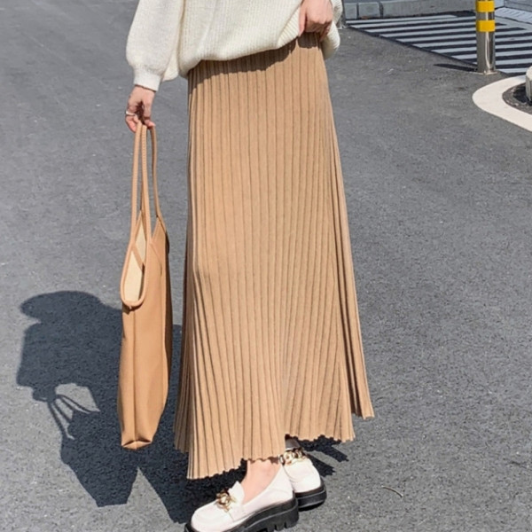 주름 데일리 롱치마 카키