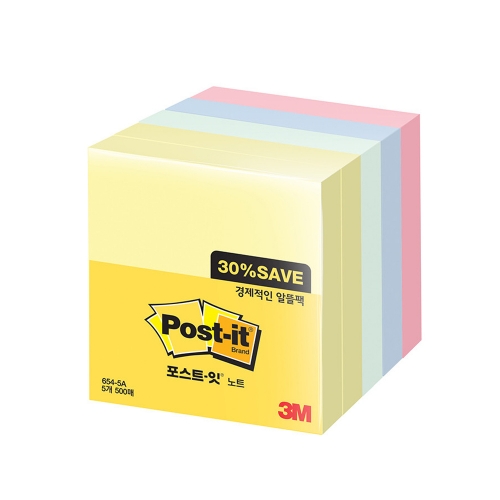 3M 포스트 잇 654 5A 알뜰팩 76 76 5개 500매