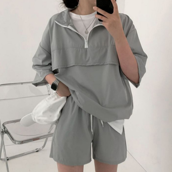 반지퍼 데일리 바스락 반팔 반바지 세트 그레이