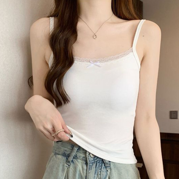 여성 레이스 브라 캡 내장 여름 끈 나시 티 화이트