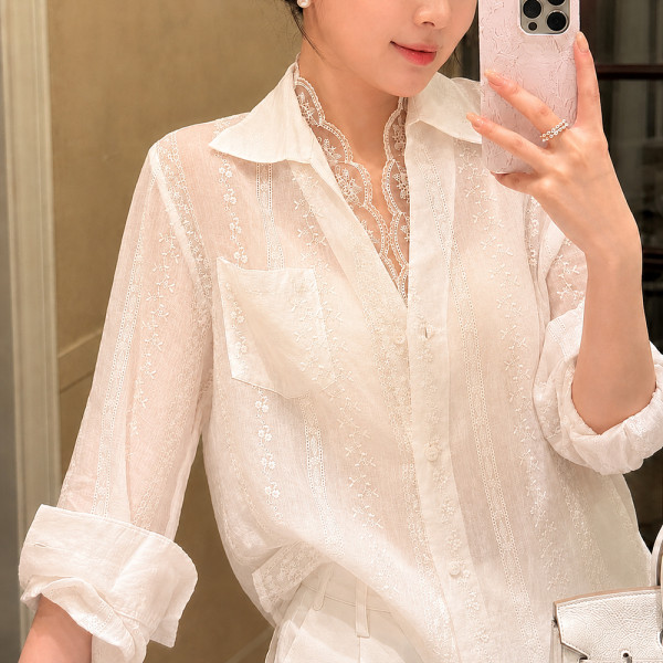 리브가제이 블라우스 여름 여성 린넨 셔츠 레이스 시스루