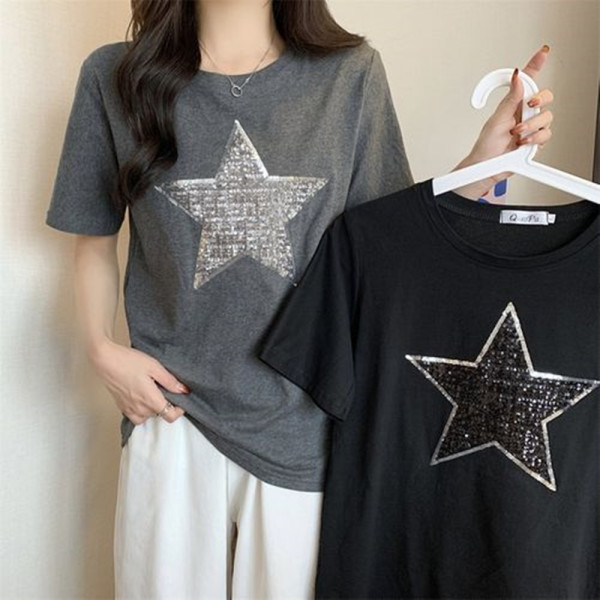 LS81400 스팽글 별 포인트 데일리 라운드 반팔 티셔츠