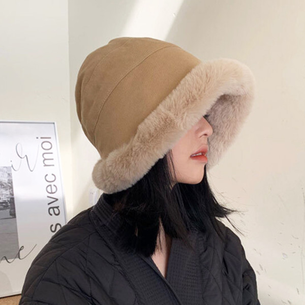 여성 골덴 퍼 버킷 햇 벙거지 겨울 털 모자 베이지