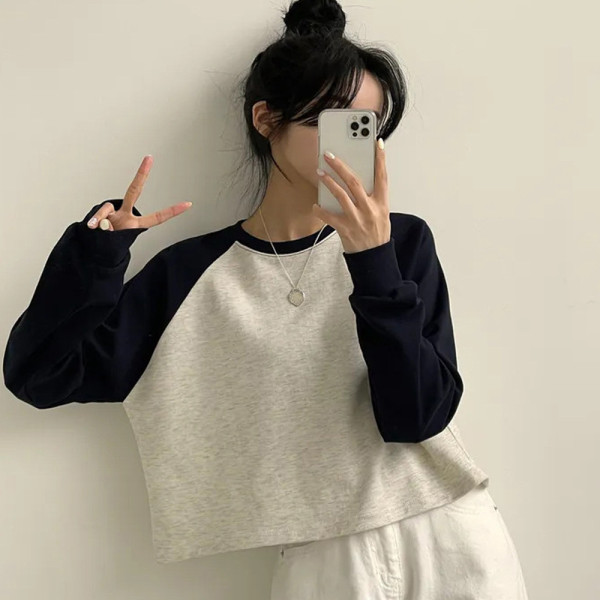 빈티지 캐주얼 배색 나그링 반크롭 루즈핏 티셔츠