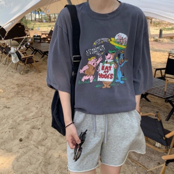 동물친구들 프린팅 빈티지 반팔티 차콜
