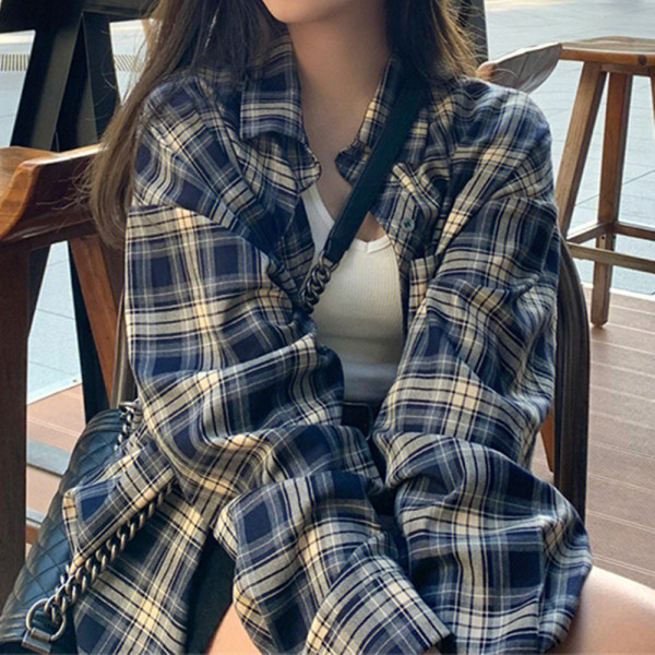 여성 오버핏 체크 셔츠 가을 긴팔 여자 남방 네이비