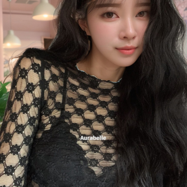 아우라벨르 블랙색상 꽃자수 레이스 레이어드 탑티셔츠 슬림핏 메쉬체크무늬 원피스