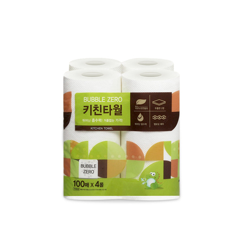 버블제로 키친타월100매x4롤 키친타올 기름흡수 핸드타올 주방타올 주방행주