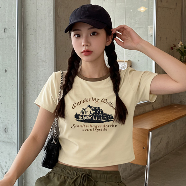여성 여름 티셔츠 프린팅 세미 크롭 반팔티 크림Beige