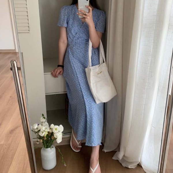 블루 꽃무늬 드레스 시원하고 산뜻한 플라워패턴 원피스 LDN-20250173