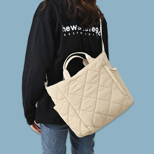 여성 크로스 데일리 퀄팅 토트 숄더 백 가방 베이지