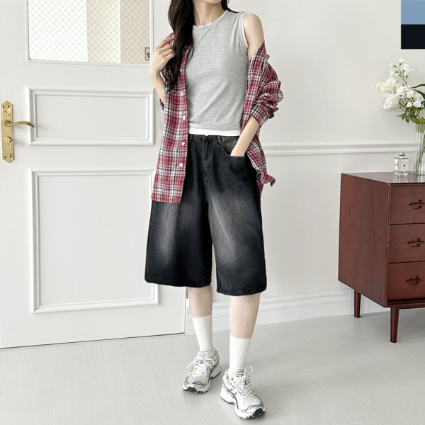 HSSG 5103 옆핀턱 와이드 뒷밴딩 버뮤다 데님 반바지