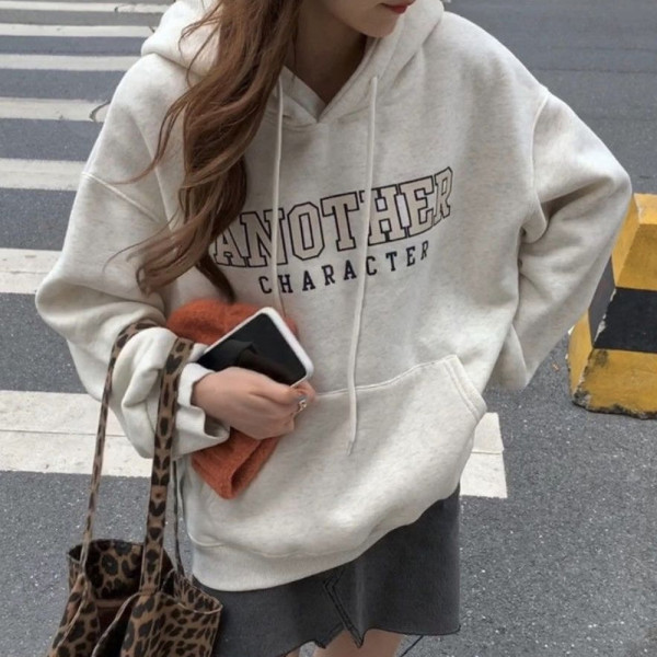 여성 긴팔 레터링 기모 맨투맨 후드 티 셔츠 오트밀