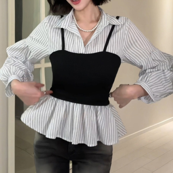 F629931 뷔스띠에 겹쳐 입은 느낌 풍성한 줄무늬 소매 셔츠 봄 가을 데일리 코디탬