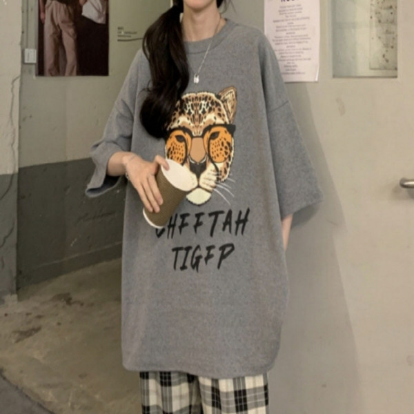 쎈언니 치타 프린팅 스판 반팔티 그레이