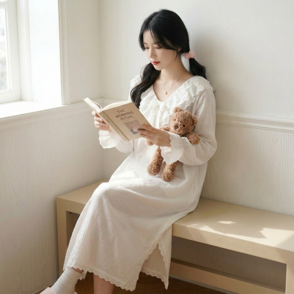 순면 레이스 여성 잠옷 롱 원피스 여자 홈웨어 공주 임산부 코튼 면 수면 파자마