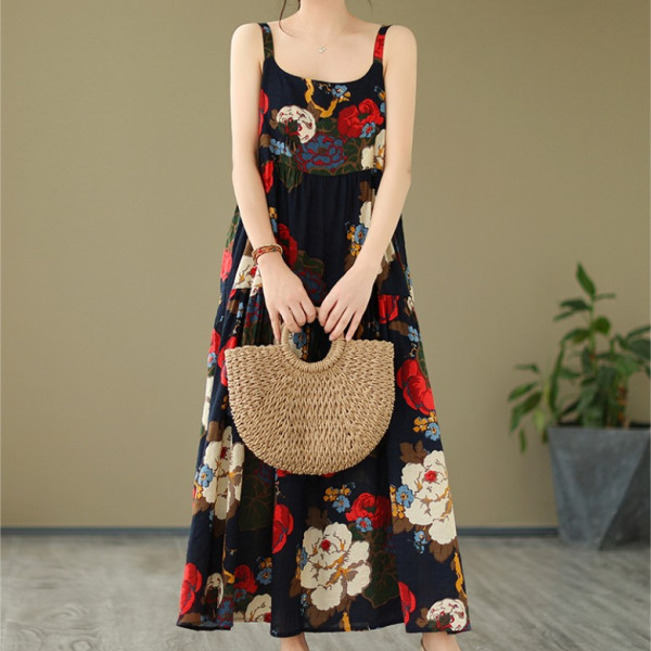 S474020 상큼 청량 빅플라워 휴가 비치 데일리 여름 썸머 민소매 나시 롱 원피스