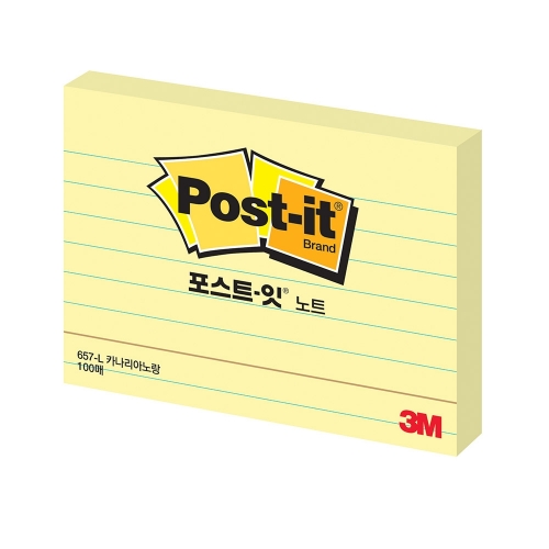 3M 포스트잇 일반 657 L 라인노랑 점착식 메모지 102 76 100매