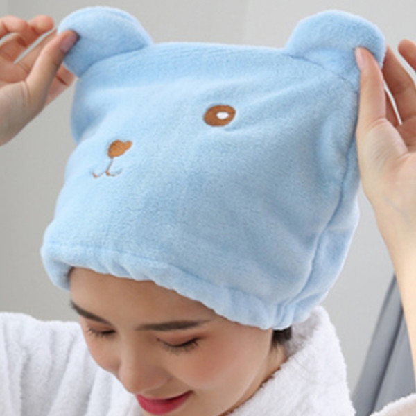 곰돌이 헤어타올 블루 극세사 머리 드라이 수건